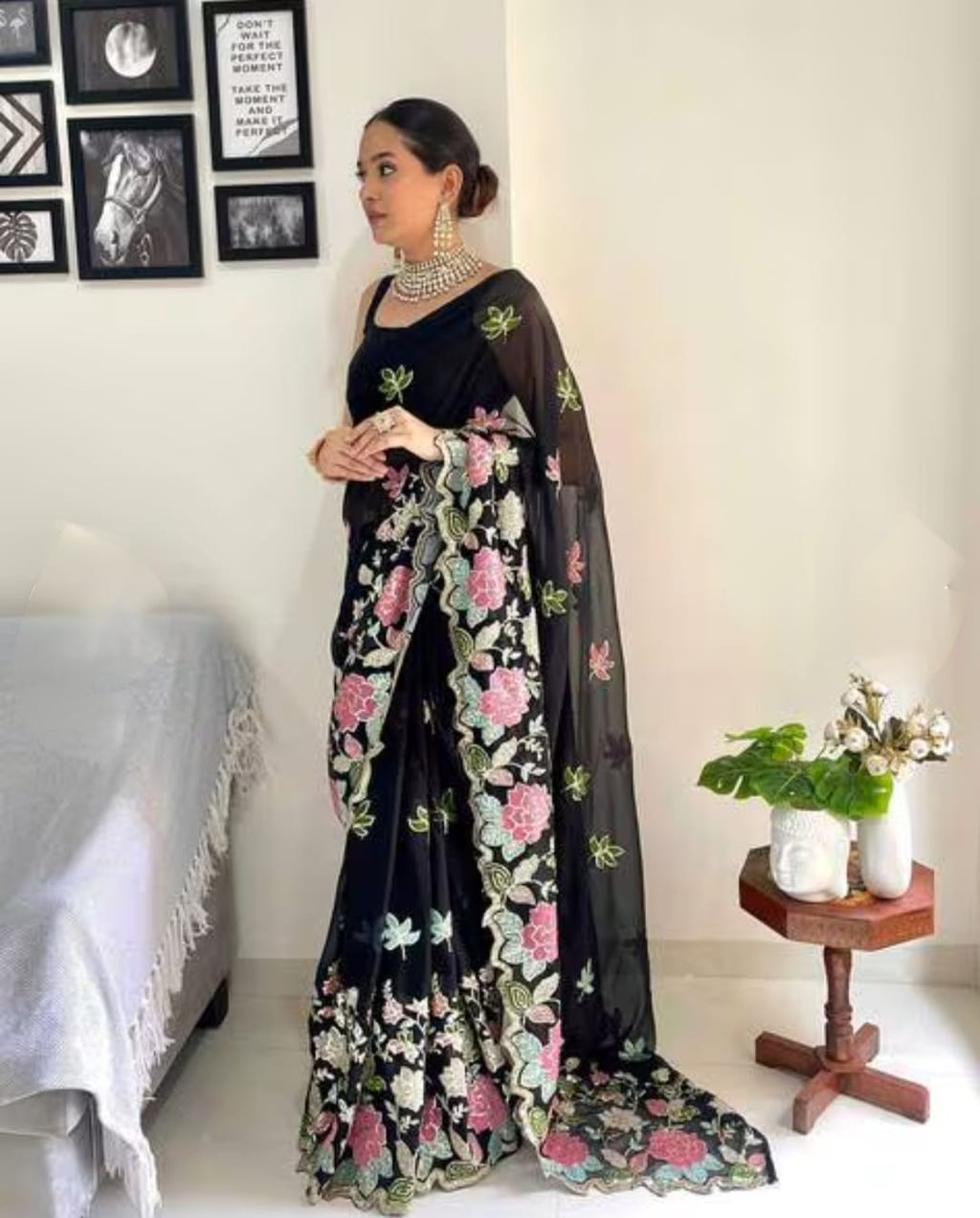 Vamika Embroidery Black Georgette Bollywood Saree - Distacart