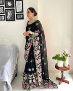 Vamika Embroidery Black Georgette Bollywood Saree - Distacart