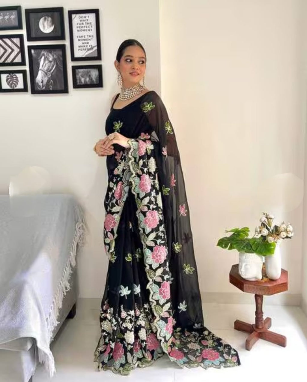 Vamika Embroidery Black Georgette Bollywood Saree - Distacart