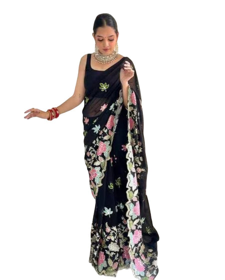 Vamika Embroidery Black Georgette Bollywood Saree