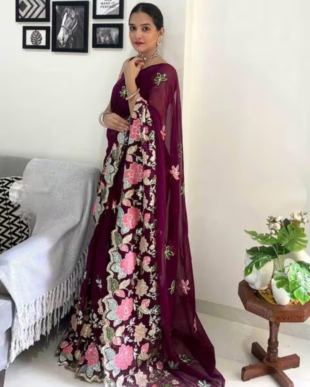 Vamika Embroidery Purple Georgette Bollywood Saree - Distacart