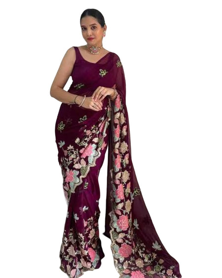Vamika Embroidery Purple Georgette Bollywood Saree