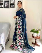 Vamika Embroidery Rama Green Georgette Bollywood Saree - Distacart