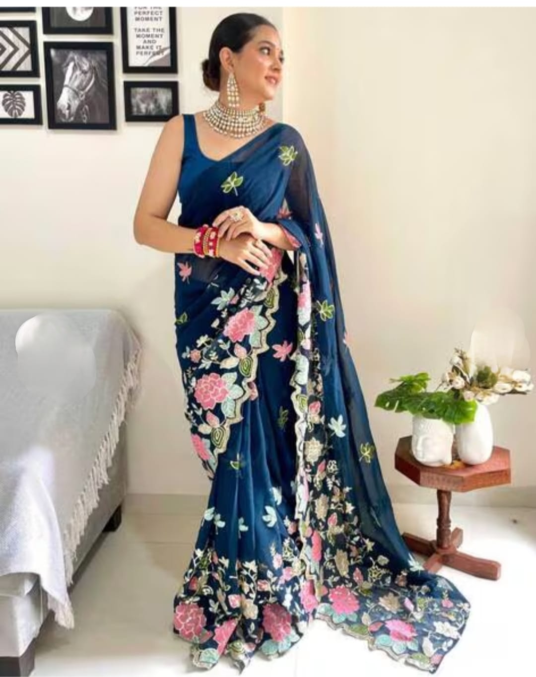 Vamika Embroidery Rama Green Georgette Bollywood Saree - Distacart