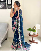 Vamika Embroidery Rama Green Georgette Bollywood Saree - Distacart
