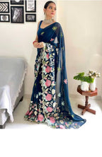 Vamika Embroidery Rama Green Georgette Bollywood Saree - Distacart