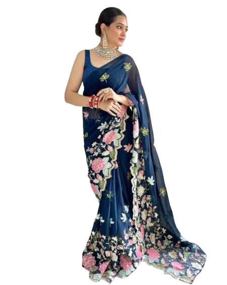 Vamika Embroidery Rama Green Georgette Bollywood Saree