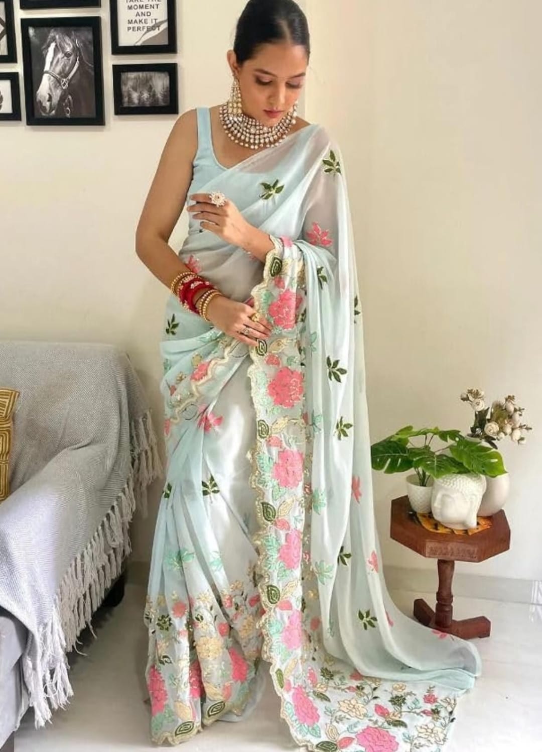 Vamika Embroidery Sky Blue Georgette Bollywood Saree