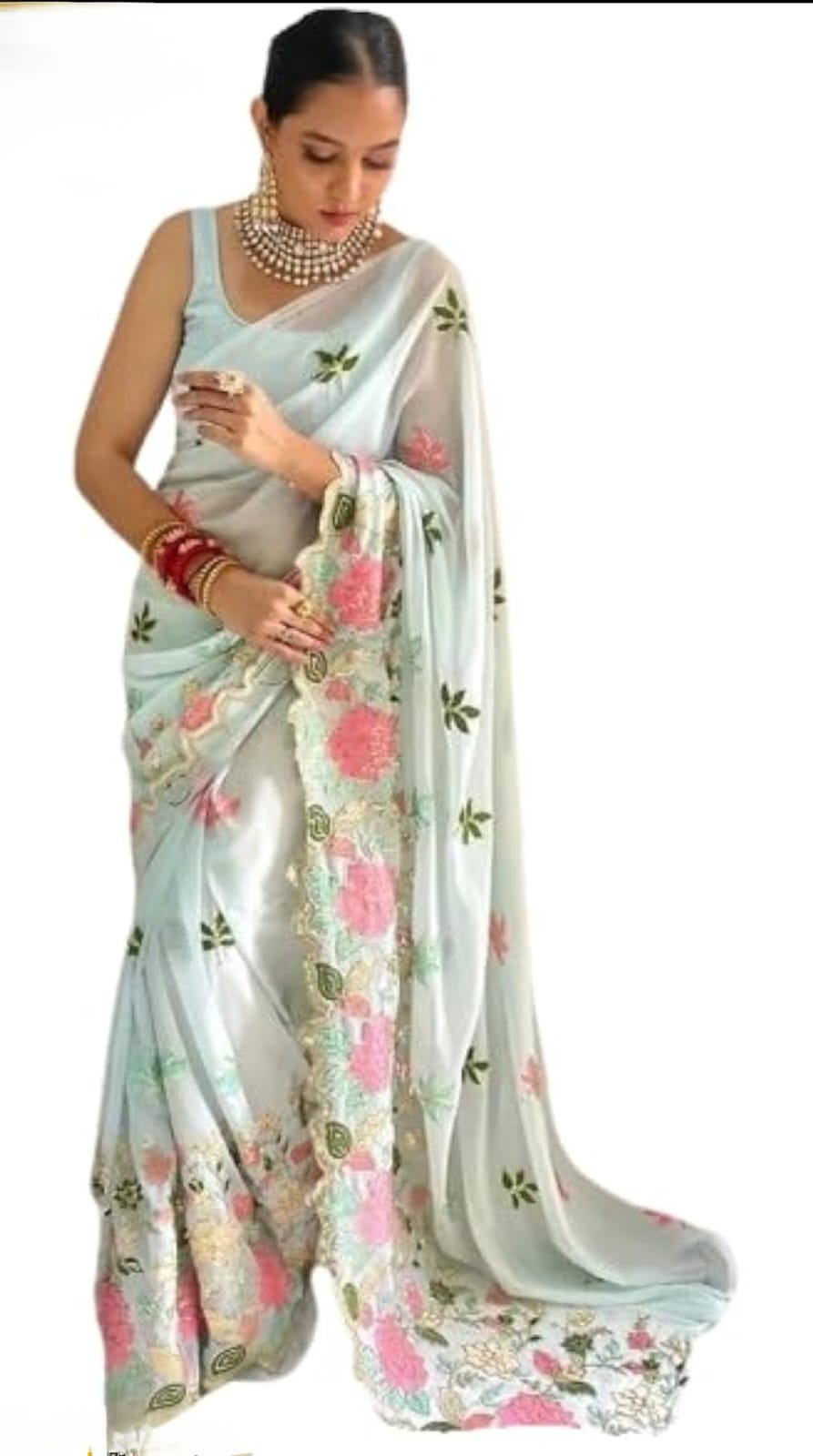 Vamika Embroidery Sky Blue Georgette Bollywood Saree