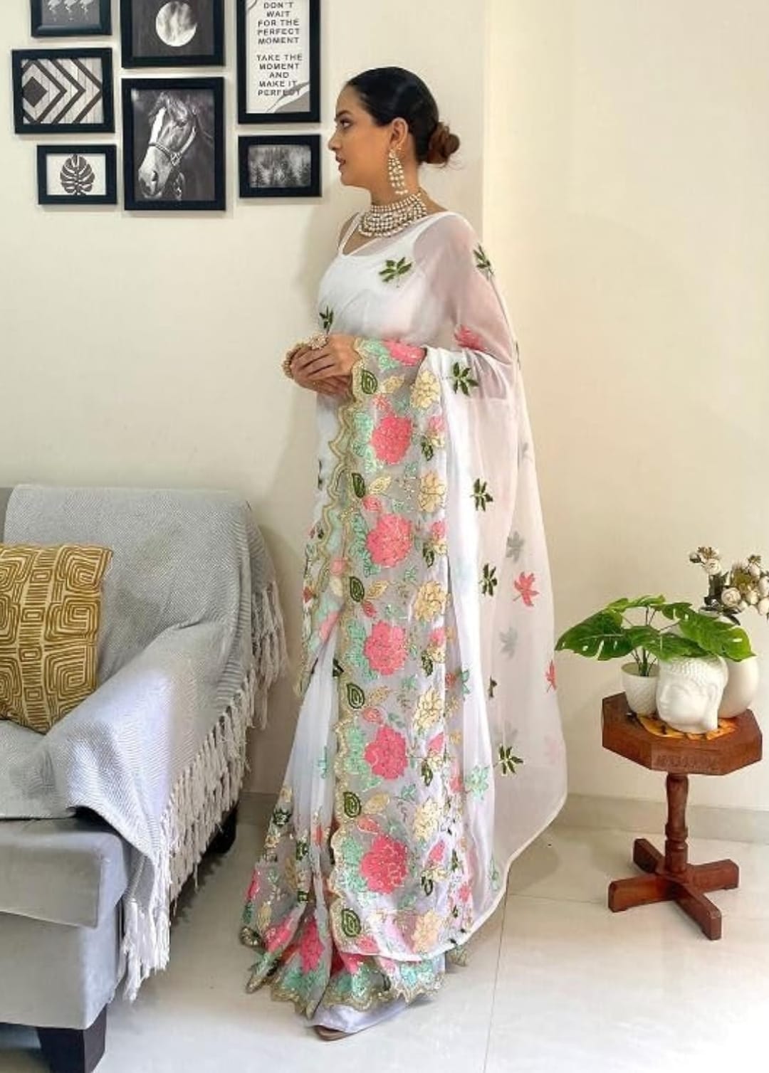 Vamika Embroidery White Georgette Bollywood Saree - Distacart