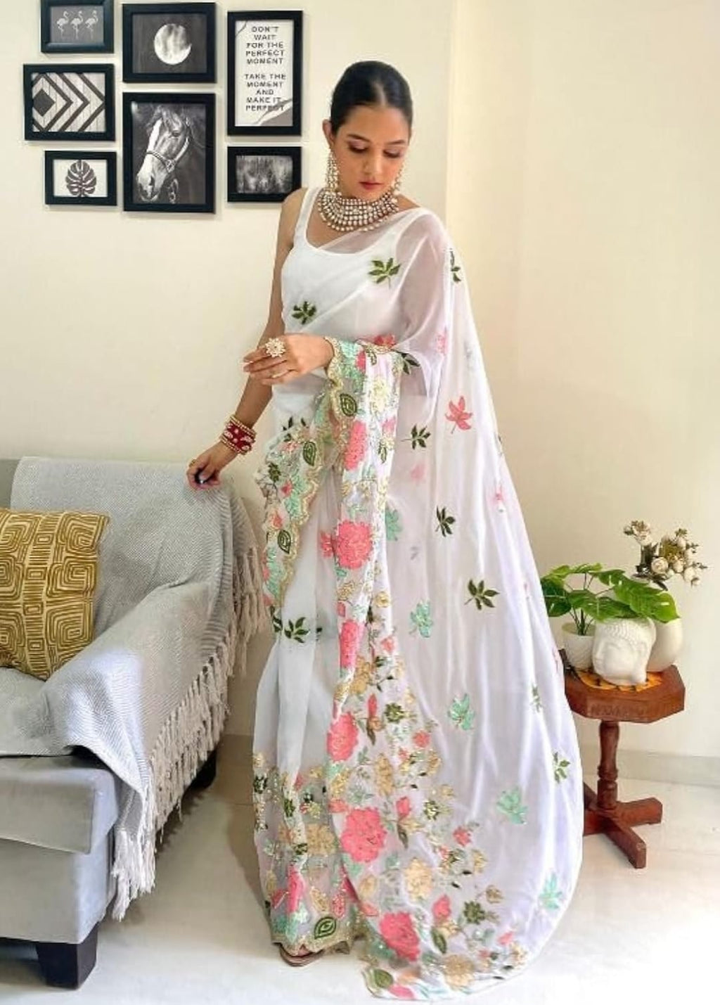 Vamika Embroidery White Georgette Bollywood Saree - Distacart