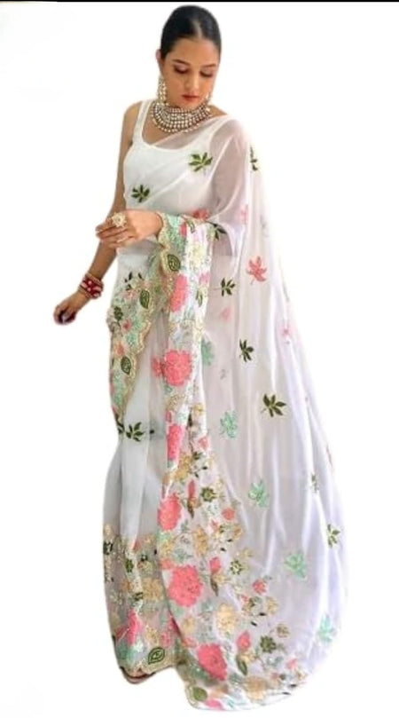 Vamika Embroidery White Georgette Bollywood Saree