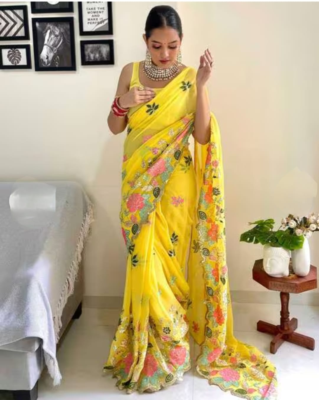Vamika Embroidery Yellow Georgette Bollywood Saree - Distacart