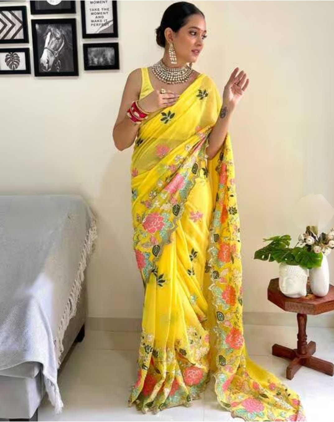 Vamika Embroidery Yellow Georgette Bollywood Saree - Distacart