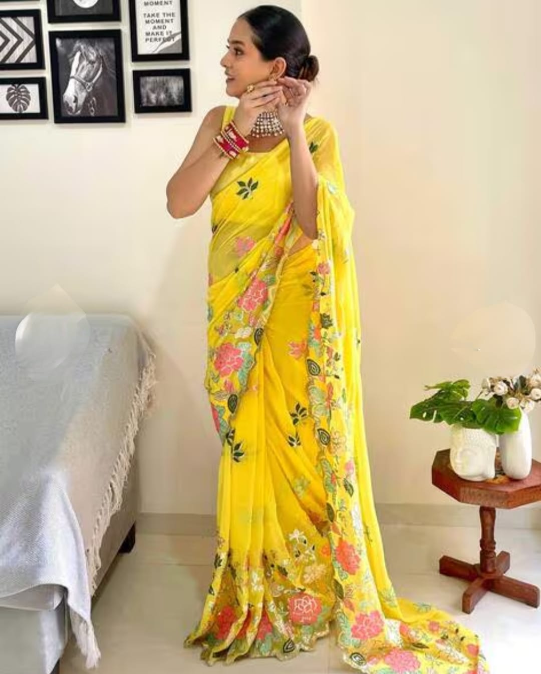 Vamika Embroidery Yellow Georgette Bollywood Saree - Distacart
