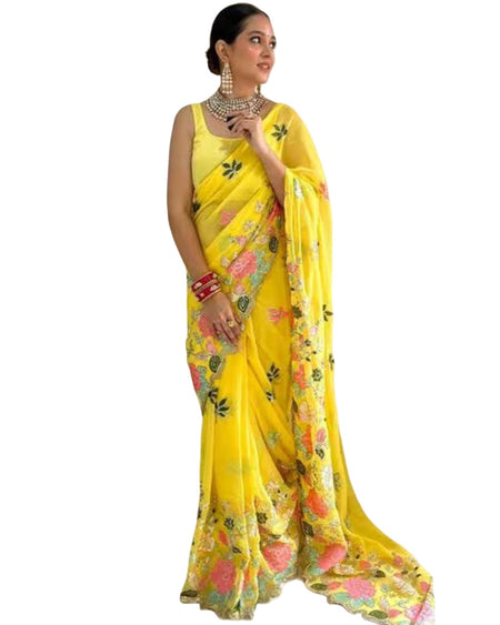 Vamika Embroidery Yellow Georgette Bollywood Saree