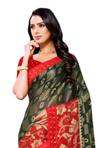Vamika Green & Red Designer Chiffon Brasso Saree With Mirror Work Lace