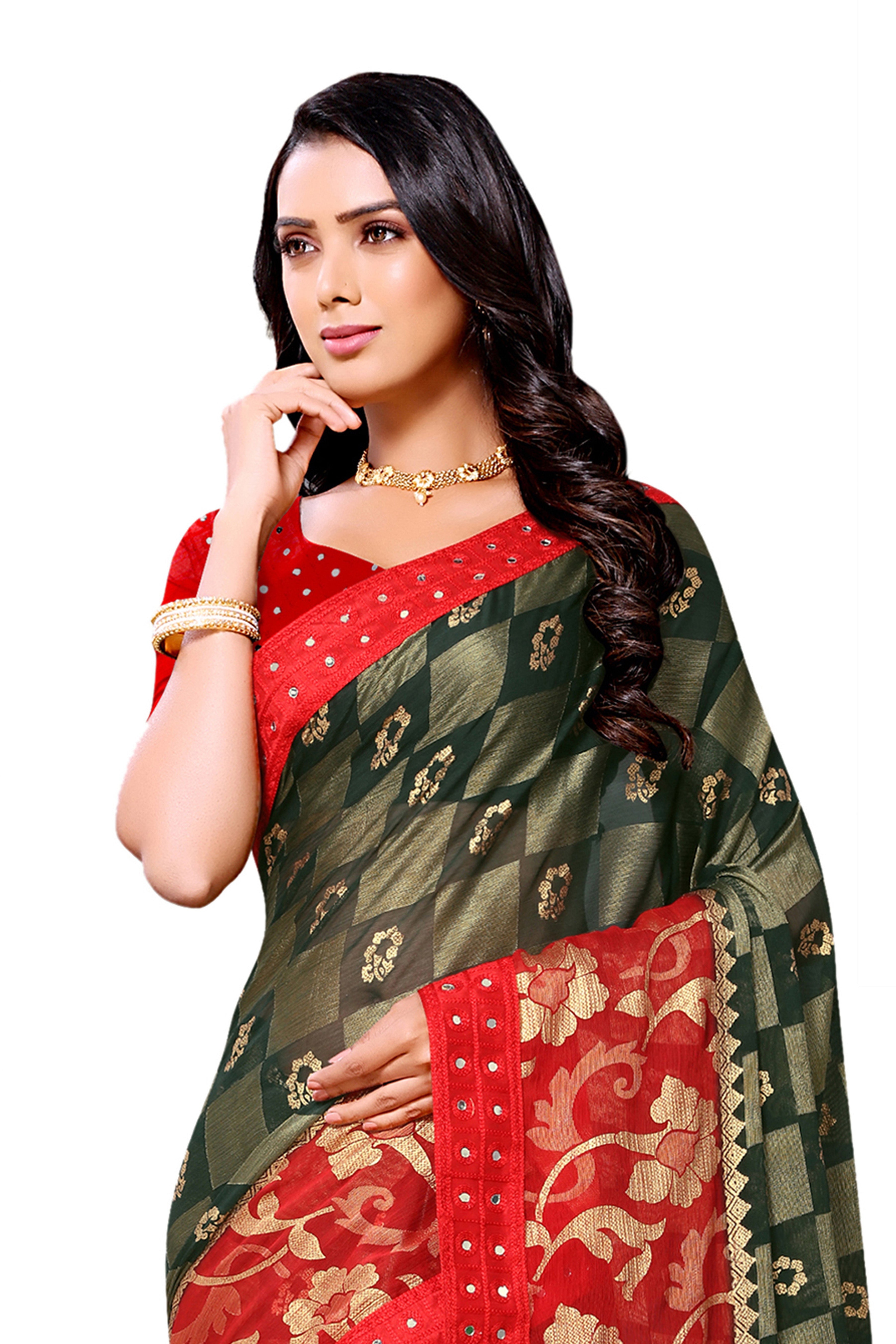 Vamika Green & Red Designer Chiffon Brasso Saree With Mirror Work Lace