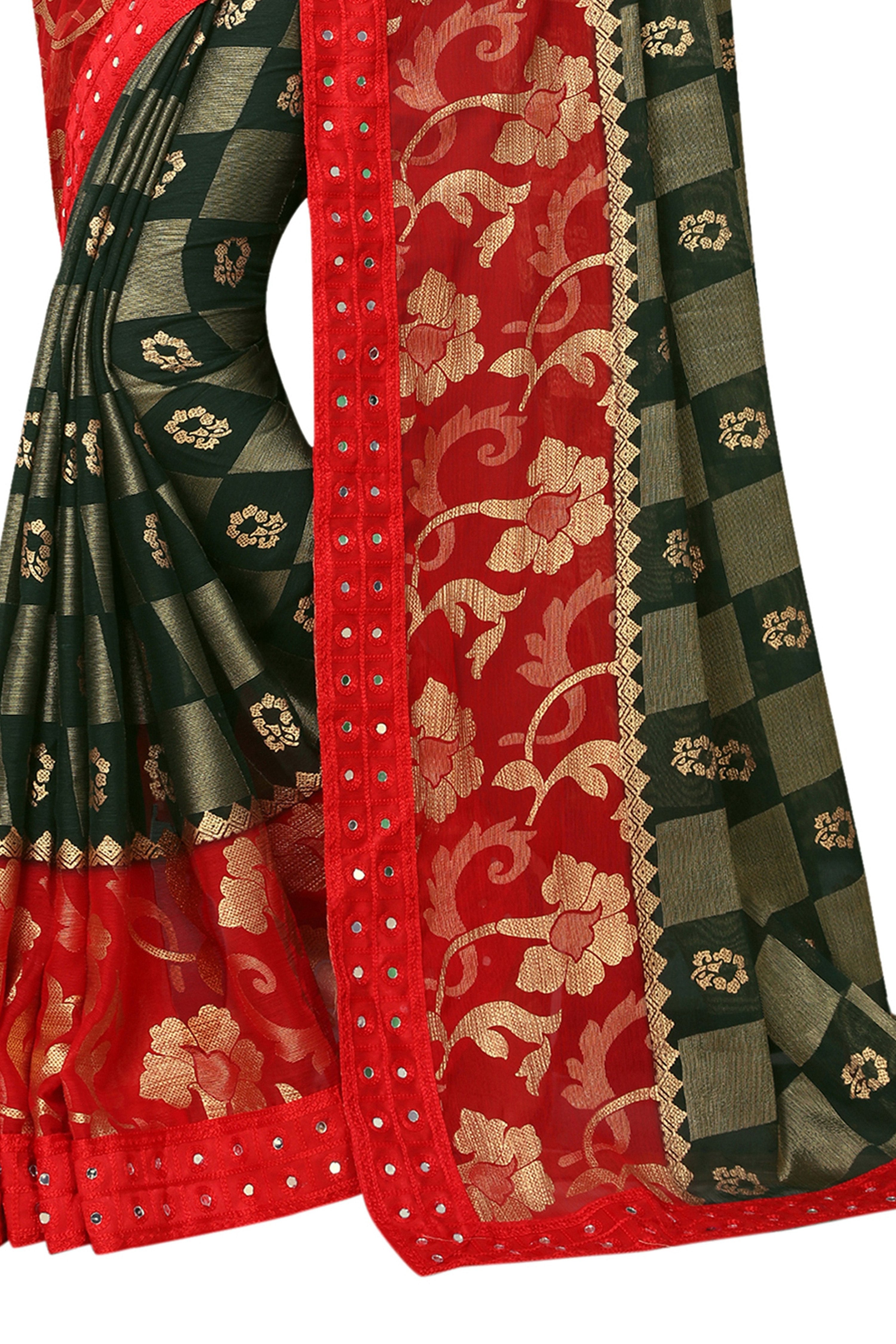 Vamika Green & Red Designer Chiffon Brasso Saree With Mirror Work Lace
