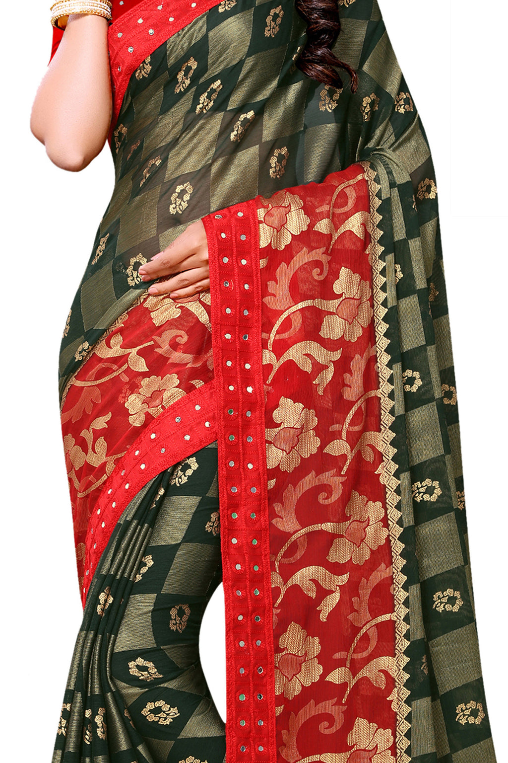 Vamika Green & Red Designer Chiffon Brasso Saree With Mirror Work Lace