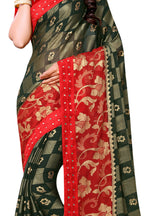 Vamika Green & Red Designer Chiffon Brasso Saree With Mirror Work Lace
