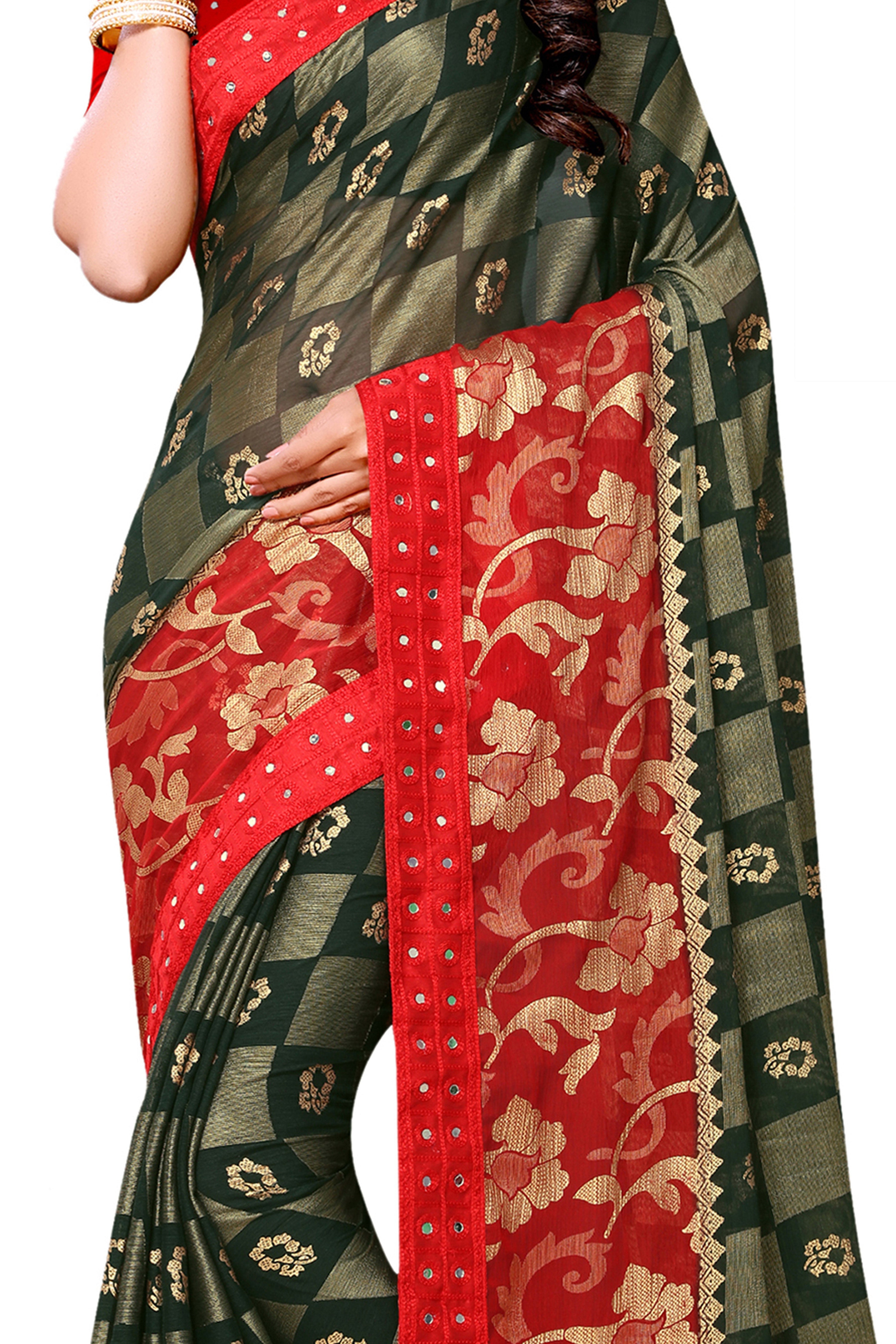 Vamika Green & Red Designer Chiffon Brasso Saree With Mirror Work Lace
