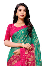 Vamika Rama & Pink Designer Chiffon Brasso Saree With Mirror Work Lace