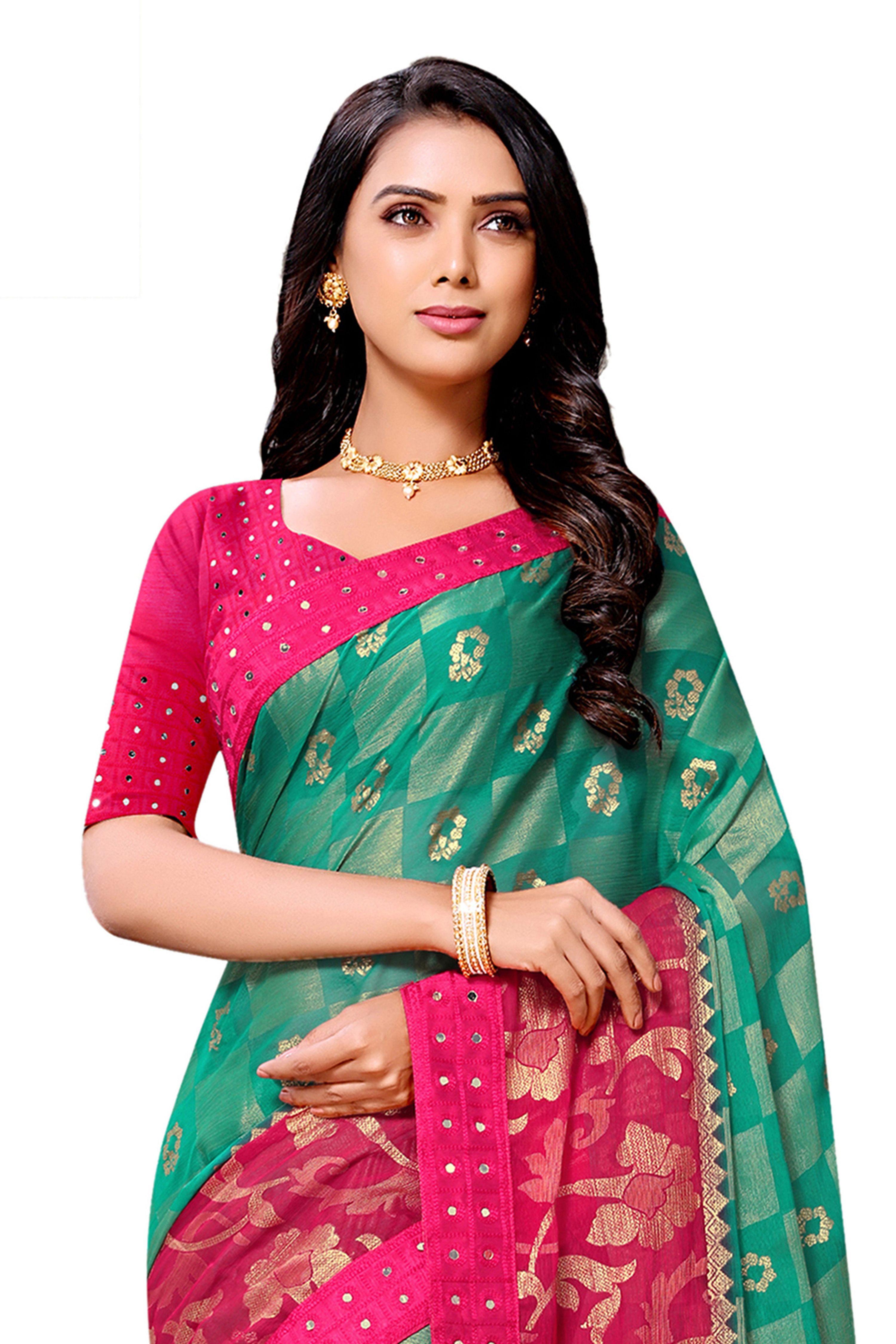Vamika Rama & Pink Designer Chiffon Brasso Saree With Mirror Work Lace