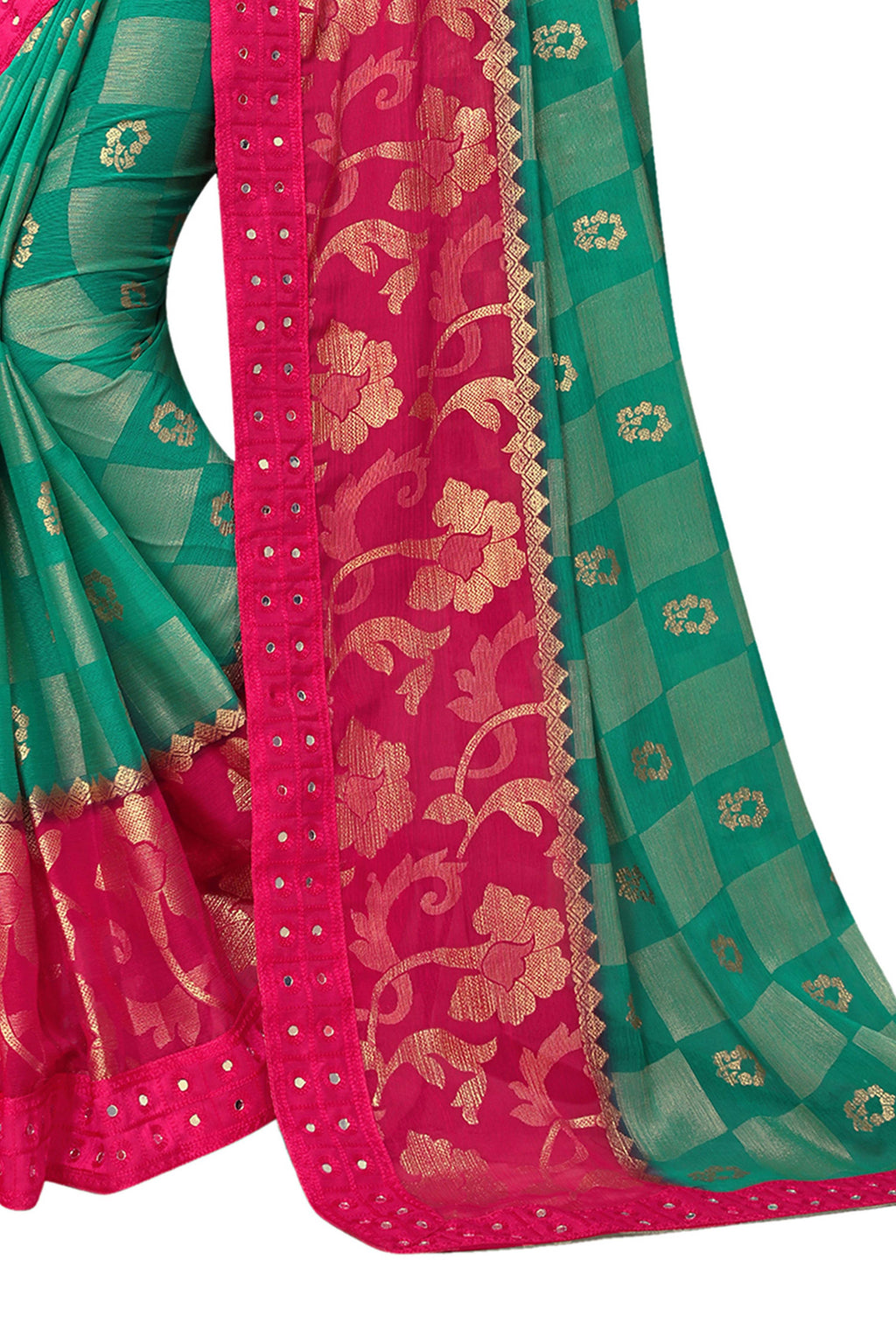 Vamika Rama & Pink Designer Chiffon Brasso Saree With Mirror Work Lace