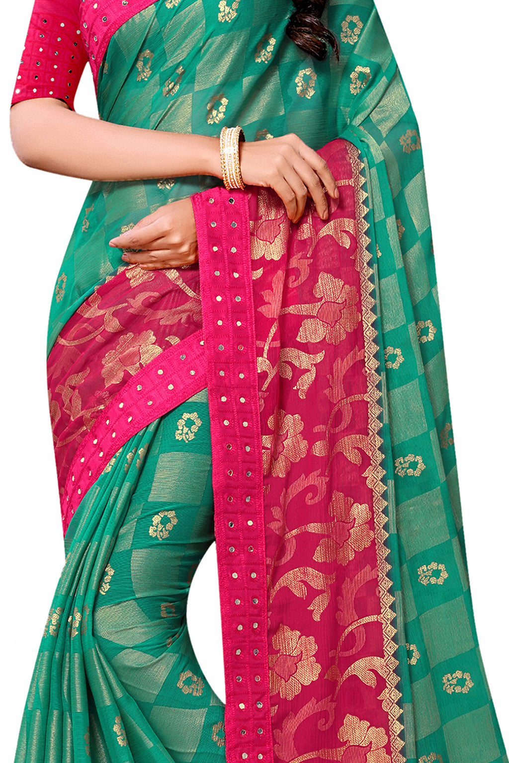 Vamika Rama & Pink Designer Chiffon Brasso Saree With Mirror Work Lace