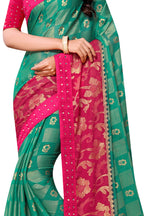 Vamika Rama & Pink Designer Chiffon Brasso Saree With Mirror Work Lace