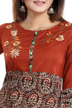 Snehal Creations Rust Rayon Printed Flared Long Tunic - Distacart
