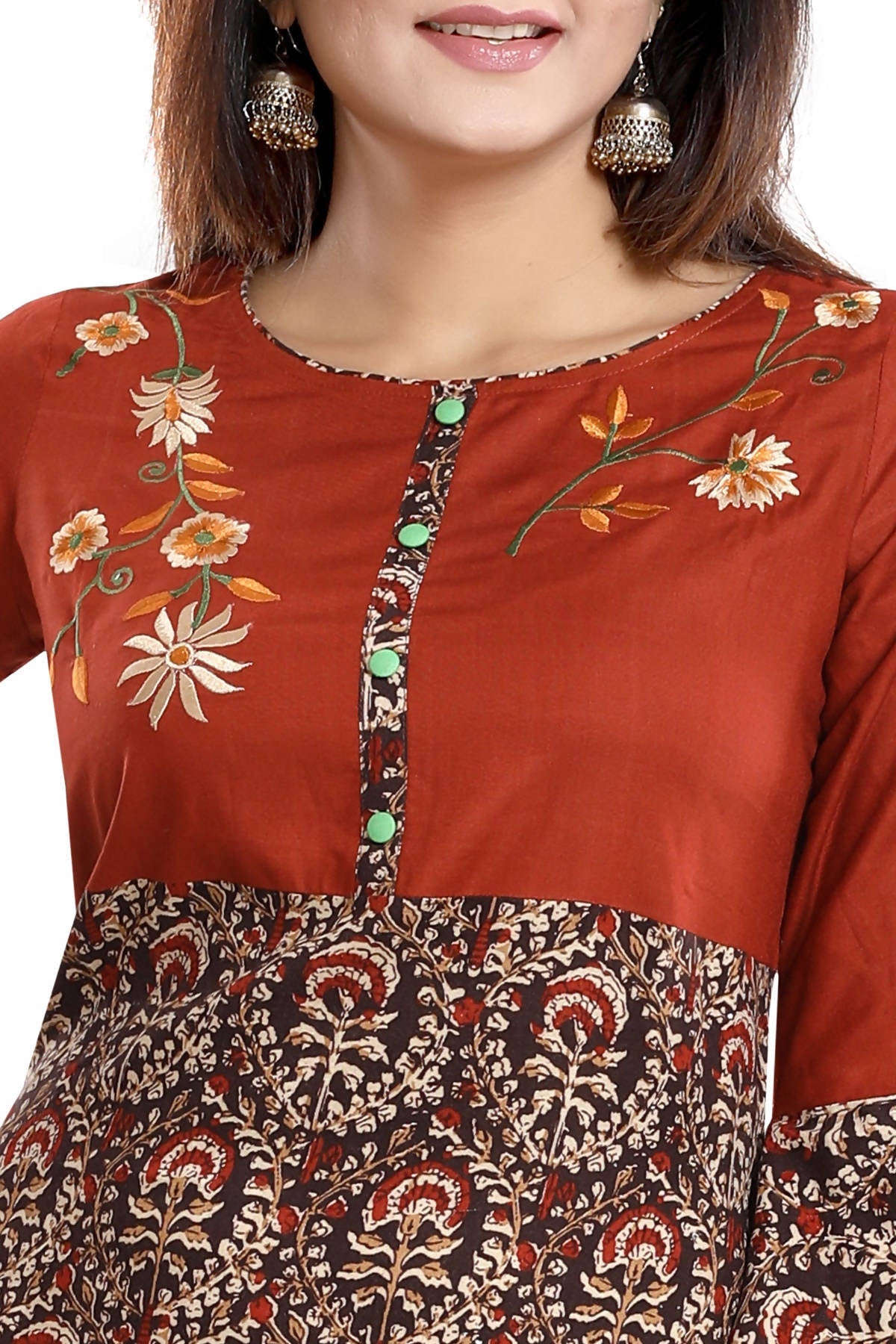 Snehal Creations Rust Rayon Printed Flared Long Tunic - Distacart