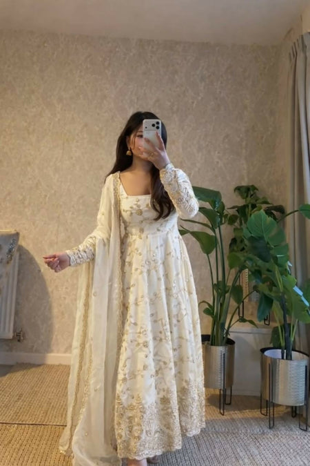 Teeya Creation White Color Faux Georgette Long Party Wear Gown