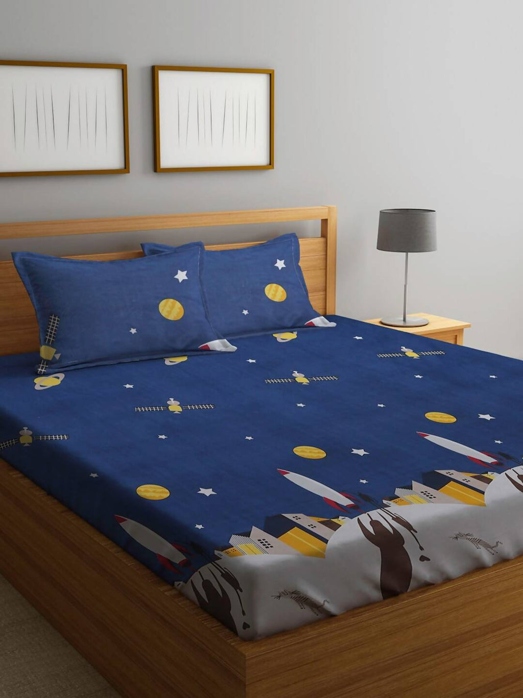 Home Sizzler Blue & Yellow Cartoon Characters 210 TC Bedsheet with Pillow Covers