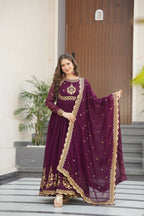 Joban Fashion Wine Georgette Sequence Embroidery Work Kurta Set - Distacart