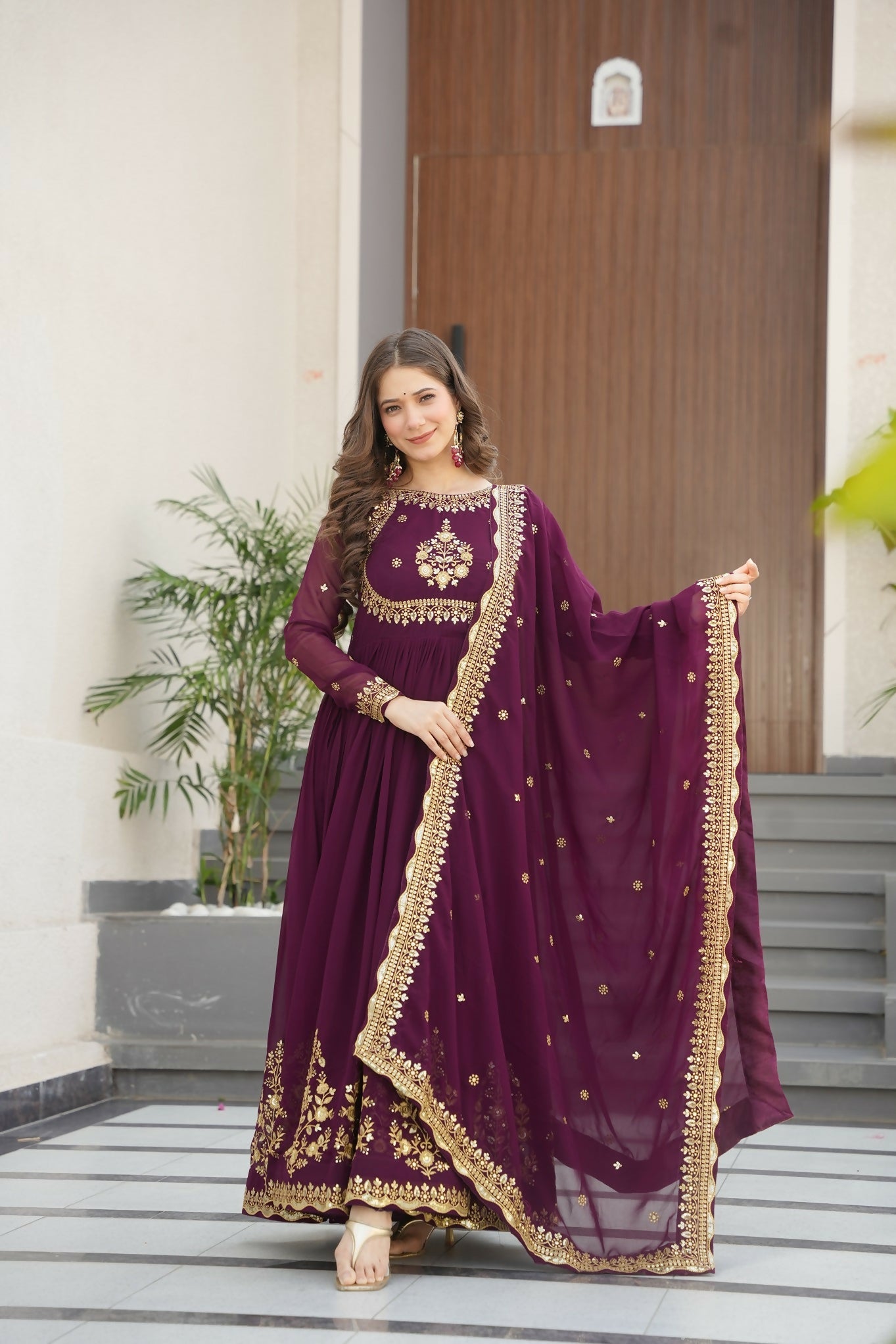 Joban Fashion Wine Georgette Sequence Embroidery Work Kurta Set - Distacart