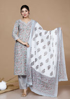 Miravan Women's Blue Gota Patti Cotton Kurta With Palazzo And Dupatta Set
