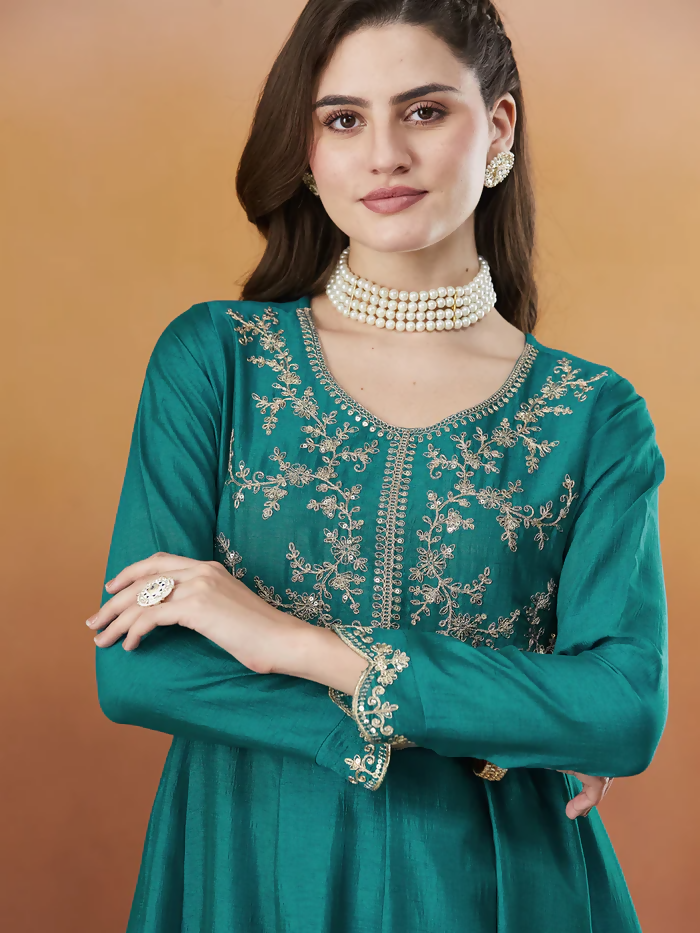The52 Rama Women's Beautiful Vichitra Silk Fabric Embroidered Work Flared Anarkali Pant and Dupatta Set - Distacart
