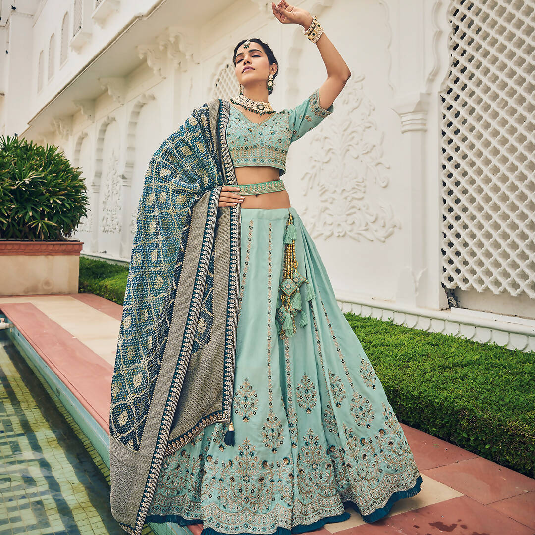 Sky Blue Heavy Viscose Khatli, Embroidery & Mirror Work Unstitched Lehenga Choli - Sisha Keshav