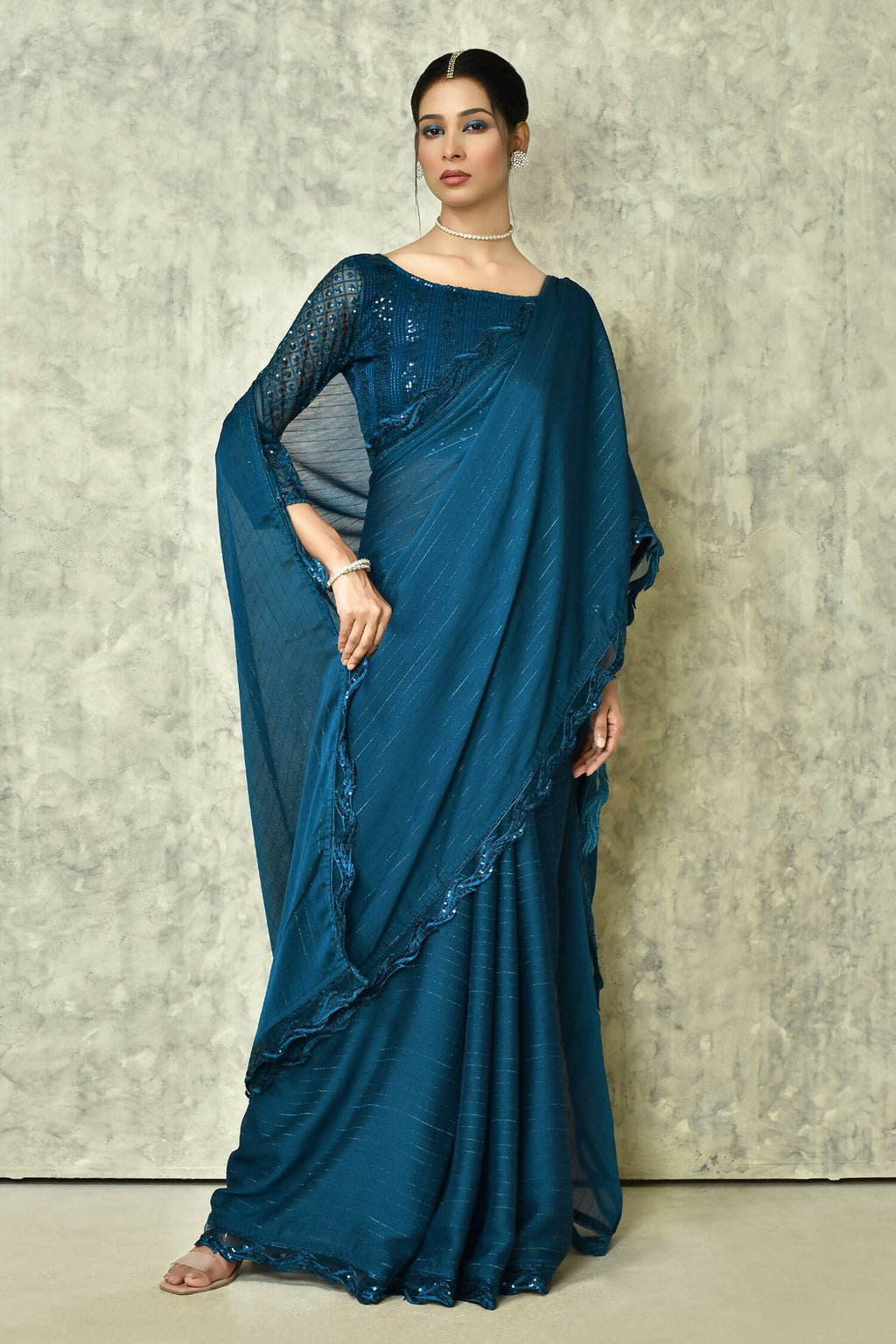 Blue Silk Stripe Saree With Blouse Piece - Purvi