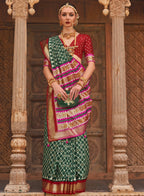 Green Silk Geometric Printed Saree With Unstitched Blouse Piece - Aanchal