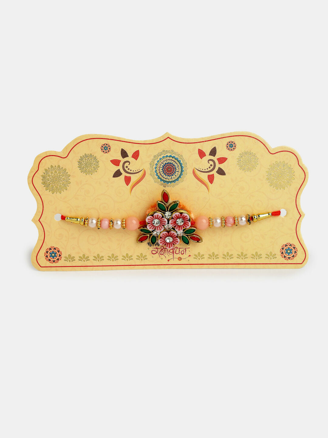 NVR Men Pink Floral Shape Stone-Studdded & Beaded Rakhi With Roli Chawal - Distacart