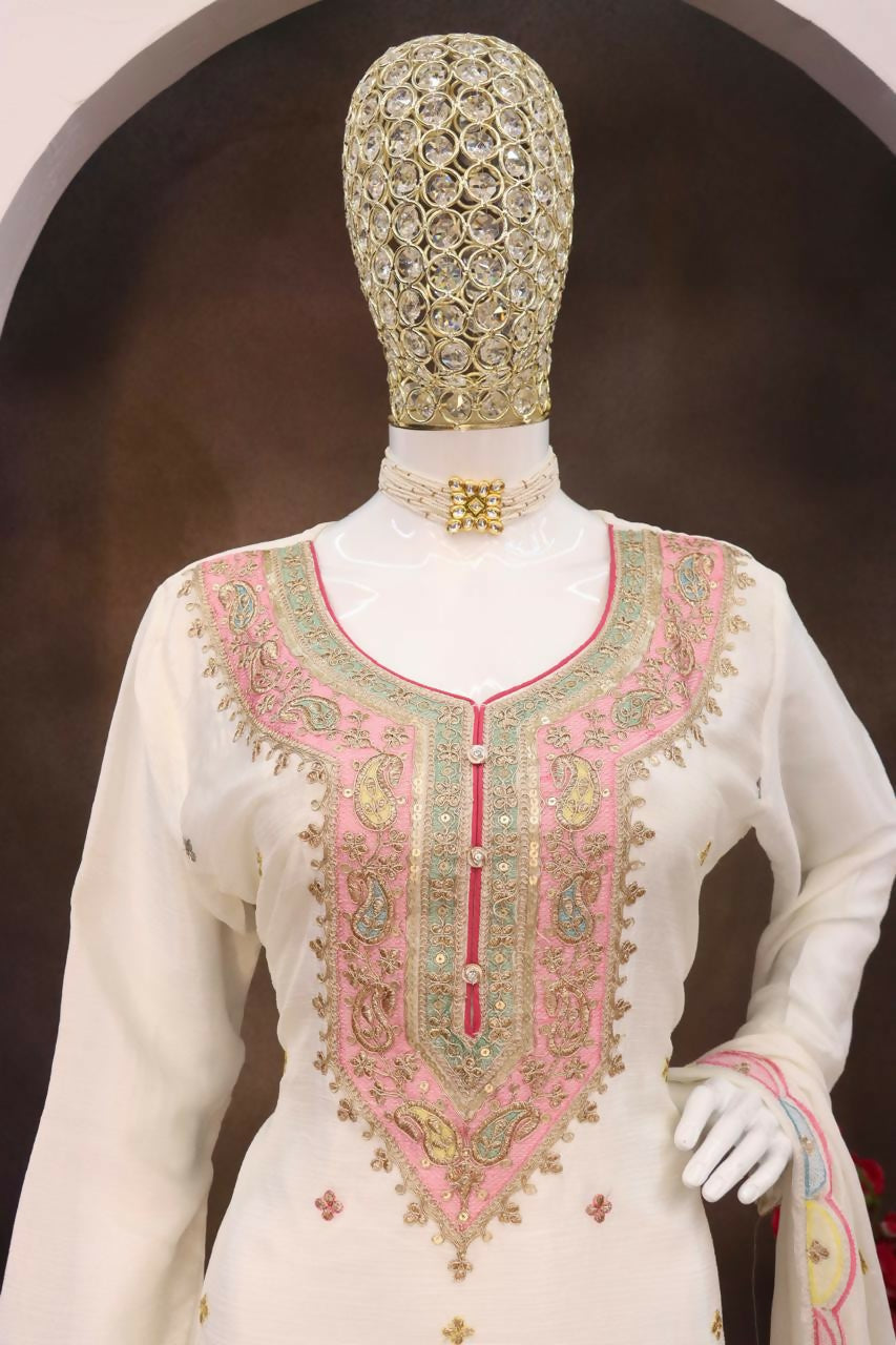 Anaita White Embroidered Silk Stitched Plazo Suit - Distacart