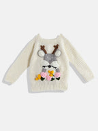 Chutput Kids Woollen Hand Knitted Full Sleeves Deer Detail Sweater For Baby Boys - Cream