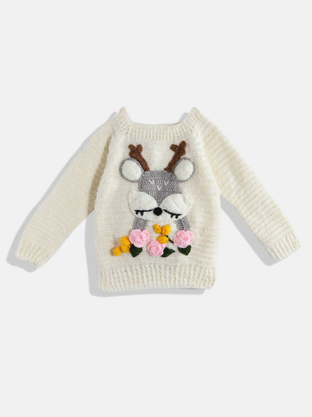 Chutput Kids Woollen Hand Knitted Full Sleeves Deer Detail Sweater For Baby Boys - Cream