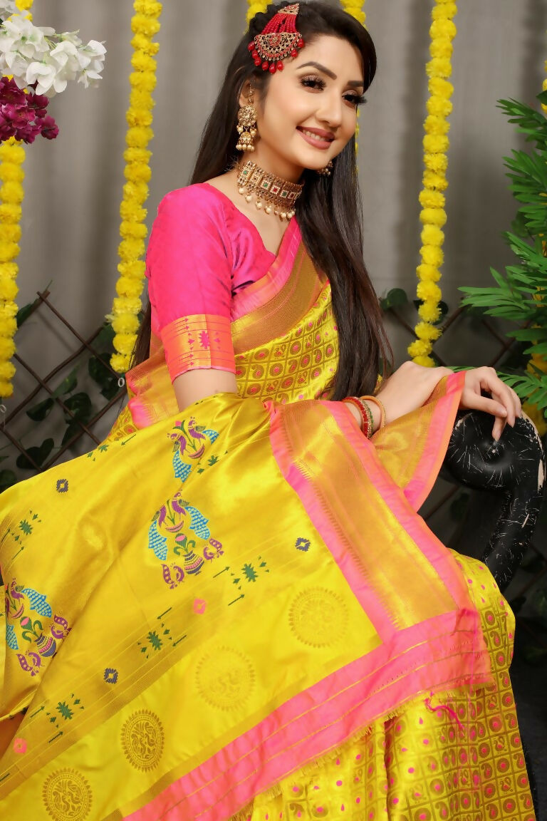 Jyoti Fashion Women's Yellow Banarasi Silk Zari Woven Saree with Blouse