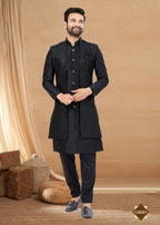 Joban Fashion Men's Black Heavy Art Silk Double Finish Plain Indowestern