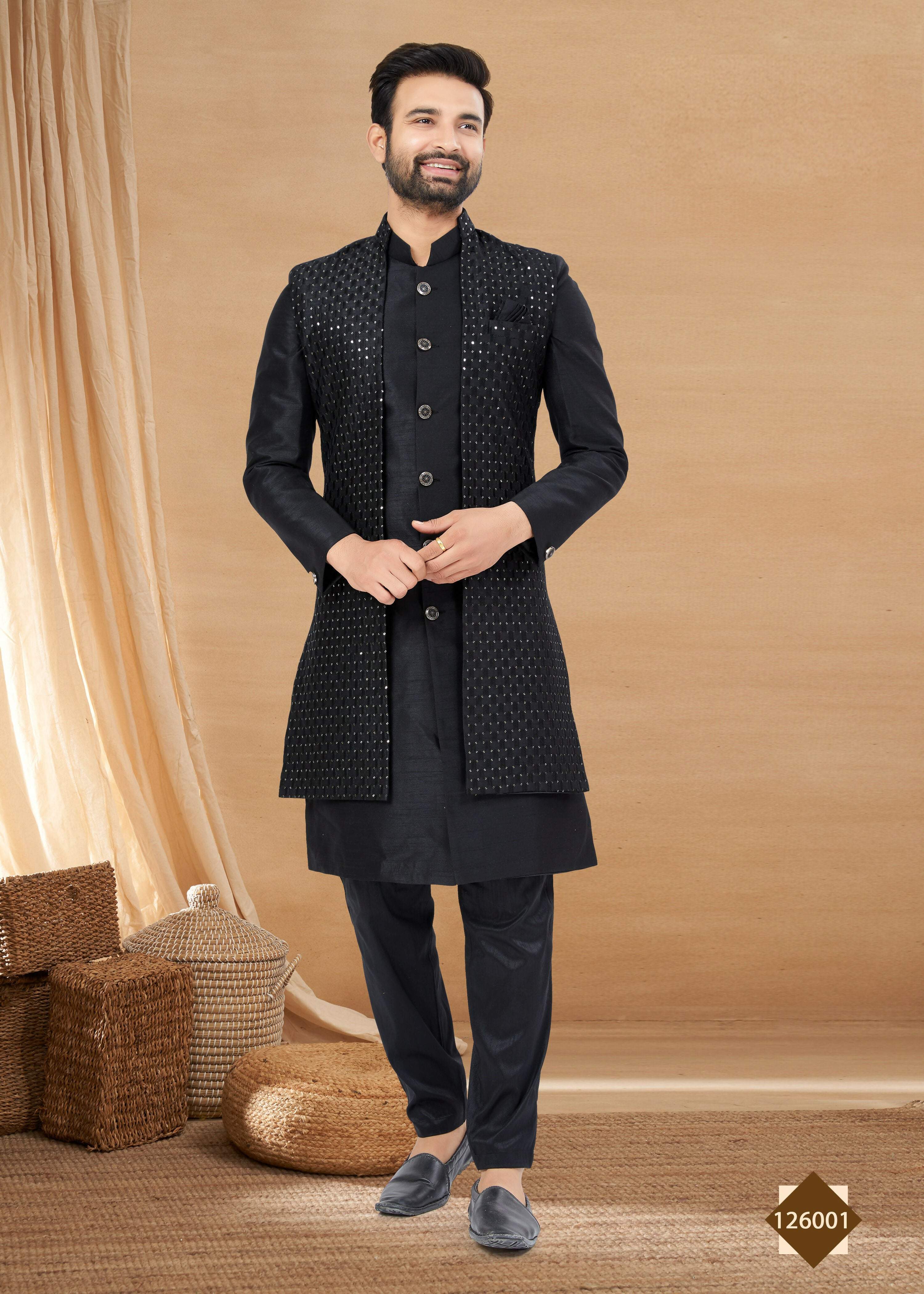 Joban Fashion Men's Black Heavy Art Silk Double Finish Plain Indowestern