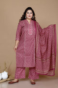 Miravan Women's Plus Size Pink Straight Floral Printed Kurta & Palazzo With Dupatta Set